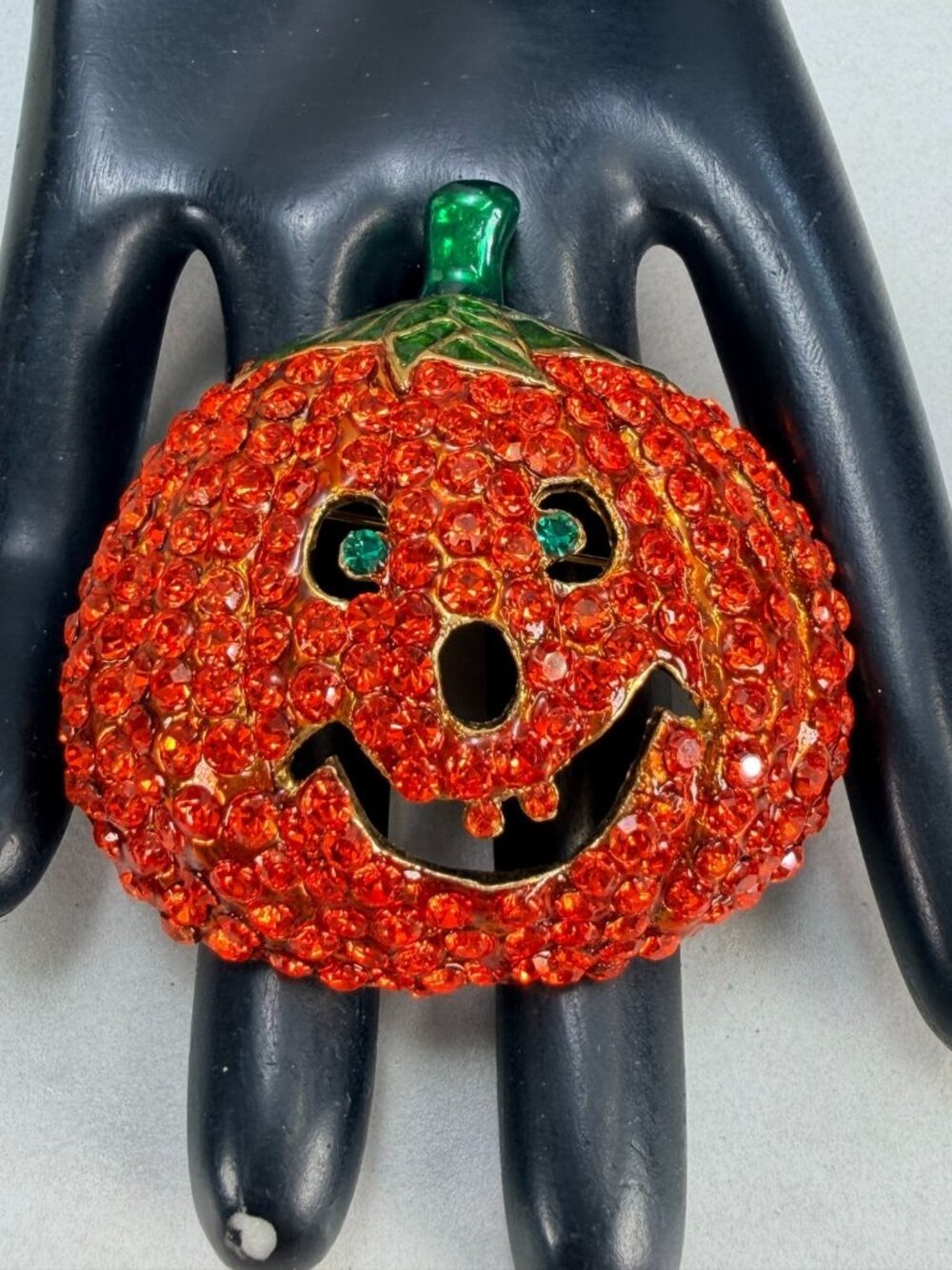 Vintage Halloween Jack O Lantern Pumpkin Rhinestone Brooch Orange Crystal Pin